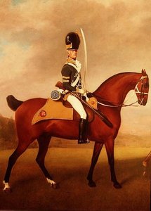 Fragment obrazu Żołnierzy 10. Lekkich Dragonów autorstwa George Stubbs