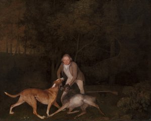 Freeman, gajowy hrabiego Clarendon, z umierającą łanią i ogarem, 1800. autorstwa George Stubbs