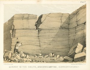 Kamieniołom w Oolite, Minchinhampton, Gloucestershire (kolorowy grawerunek) autorstwa George Victor Du Noyer
