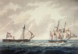 Slup Jego Królewskiej Mości, Bonne Citoyenne, ciągnący za sobą francuską fregatę La Furieuse po akcji z 6 lipca 1809 r., ryty przez R und D Havell, opublikowany przez Roberta Cribba w 1810 r.
