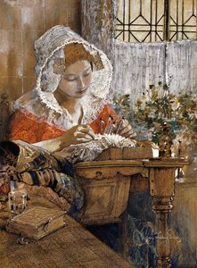 Flamandzki Lacemaker, ok. 1925 (gwasz, pastel i ołówek na brązowym papierze) autorstwa George Wharton Edwards