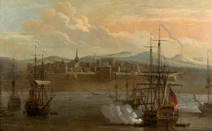 Uma pintura de Fort St George em Madras, Índia. Em 1731. Forte militar e porto com navios. Canhão do navio sendo disparado. Fumaça. Battle.polish autorstwa George and Scott Samuel (1710 72) Lambert