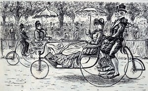Rycina przedstawiająca pasażerów jadących w bryczkach rowerowych. Ilustrowane przez George