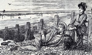 Kreskówka przedstawiająca parę spędzającą miesiąc miodowy na kamienistej plaży autorstwa George du Maurier