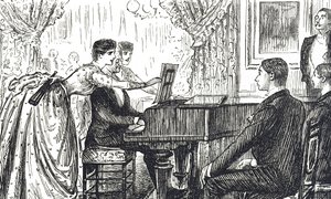 Kreskówka przedstawiająca muzyczny wieczór w domu autorstwa George du Maurier