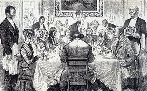 Kreskówka przedstawiająca elegancki wieczór w wiktoriańskim domu autorstwa George du Maurier