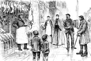 Grawerunek przedstawiający rzeźnika i drobiarza fotografowanego przed wystawą bożonarodzeniową autorstwa George du Maurier. George du Maurier (1834-1896) francusko-brytyjski rysownik i pisarz. Datowany na XIX wiek © UIG/Leemage autorstwa George du Maurier