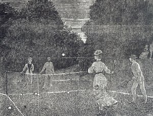 Grawer przedstawiający użycie białej farby fosforowej polecanej tenisistom autorstwa George du Maurier