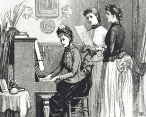 Grawerunek przedstawiający młode panie śpiewające w salonie autorstwa George du Maurier