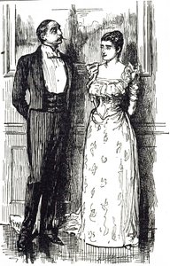 Kreskówka Georgesa du Mauriera ilustrująca mężczyznę i kobietę w rozmowie na imprezie towarzyskiej, Anglia 1891 autorstwa George du Maurier