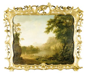 Włoski krajobraz zalesionej rzeki z postaciami na pierwszym planie i wsią za nią, 1755