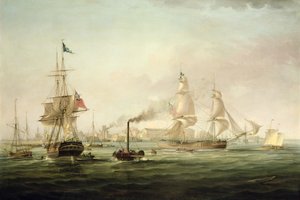 Widok portu w Hull z okrętem Spartan (olej na płótnie) autorstwa George the Elder Chambers