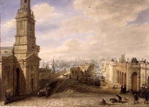 Old London Bridge z budową nowego mostu obok niego