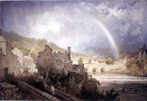 Village and Bridge of Llangollen, Północna Walia, z efektem tęczy