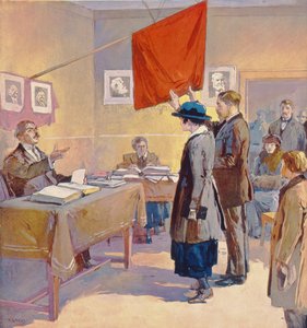 Ślub cywilny w Rosji w czasie rewolucji, ok. 1923 r. (kolorowa litografia) autorstwa Georges (after) Carrey
