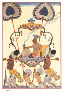 Szlachetna kobieta pali kadzidło w palankinie, starożytne Indie 1928 (druk) autorstwa Georges Barbier
