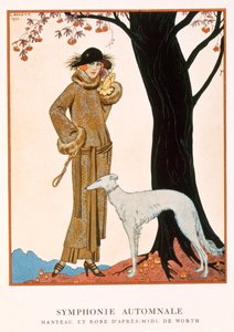 Jesienna Symfonia, popołudniowy płaszcz i sukienka Worth, z „Gazette de Bon Ton” nr 9 autorstwa Georges Barbier