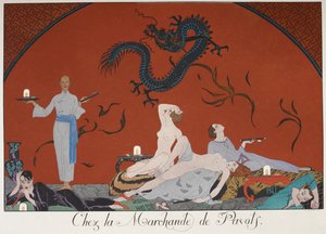Chez la Marchande de Pasots. Ludzie, niektórzy nago, leżą w pokoju. Chińska dekoracja. autorstwa Georges Barbier