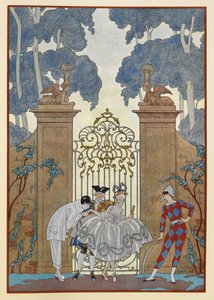 Kolumbina. Ludzie stojący przed bramą. Pierrot. autorstwa Georges Barbier