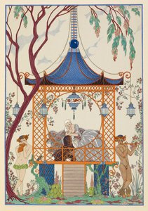Cythere. Mężczyzna i kobieta w pawilonie, przytuleni. Na zewnątrz mityczne stworzenia grające na rurach. autorstwa Georges Barbier