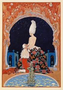 Dans la Grotte. Mężczyzna klęczący przed półnagą kobietą przy fontannie. autorstwa Georges Barbier