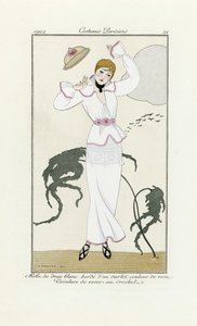 Projekt na białą sukienkę z różowym wykończeniem i szydełkowym paskiem, z Costumes Parisien, wyd. 1912 (druk w pochoirze) autorstwa Georges Barbier