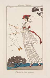 Sukienka z lnu z nadrukiem, ilustracja z „Journal des Dames et des Modes” autorstwa Georges Barbier
