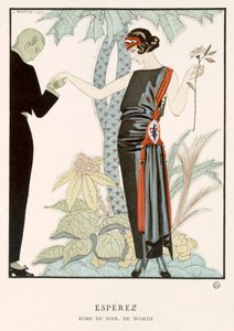 "Gazette du Bon Ton"; Esperez, suknia wieczorowa projektu Wortha, ok. 1920 r. (kolorowa litografia) autorstwa Georges Barbier