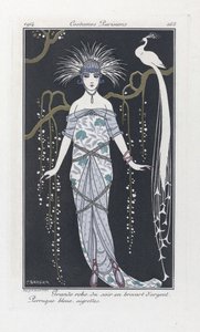 Duża suknia wieczorowa ze srebrnego brokatu. Peruka niebieska, aigrettes, z Costumes Parisiens, wyd. 1914 (odbitka szablonowa) autorstwa Georges Barbier