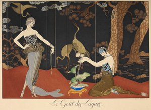 Le dna des laques. Smak lakierów. Dwie kobiety przed lakierowanym ekranem. autorstwa Georges Barbier