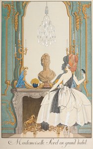 Mademoiselle Sorel w wielkim habicie. Kobieta stojąca przed kominkiem. autorstwa Georges Barbier