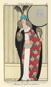 „Biała suknia z krepy de chiny obszyta lisem. Płaszcz wydry i skunksy” autorstwa Georges Barbier