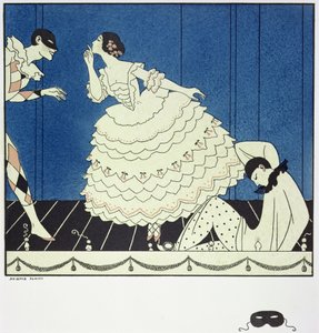 Tamara Karsavina (1885-1978) jako Columbine, Wacław Niżyński (1890-1950) jako Arlekin i Adolph Bolm (1884-1951) jako Pierrot w „Karnawale” Fokina w 1910, wyd. 1914 (odbitka w pochoirze) autorstwa Georges Barbier