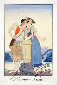 Skradziony pocałunek, z „Falbalas et Fanfreluches, Almanach teraźniejszości, przeszłości i przyszłości” autorstwa Georges Barbier