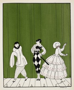Trzy postacie z baletu Carnaval z 1910 roku, skomponowanego przez Roberta Schumanna. Po lewej mim. Pośrodku stoi mężczyzna ubrany w białą koszulę z czarnym krawatem i kraciaste spodnie, w masce. Po prawej dama zwrócona tyłem do głowy autorstwa Georges Barbier