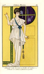 Kobieta w luksusowej sukni wieczorowej z tiulu i satyny, zielona aksamitna szarfa z perłowym chwostem. Grande robe du soir en tulle et satin, echarpe de velours at glands de perles. Ręcznie kolorowany pochoir (szablon) akwaforta według ilustracji George