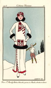 Kobieta w stroju St. Moritz z białego fryzu z lamówką typu Skunk i haftem z wełny. Wlać St. Maritz ratine blanche garnie de skunks et brodee de laine. Ręcznie kolorowany pochoir (szablon) akwaforta wg ilustracji George