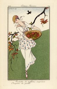 Kobieta w słomkowym kapeluszu i sukience z drukowanej tafty. autorstwa Georges Barbier
