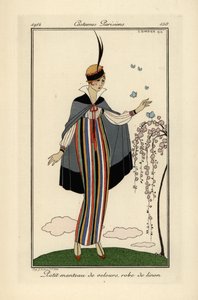 Kobieta w lnianej sukience w paski z krótkim aksamitnym płaszczem. autorstwa Georges Barbier