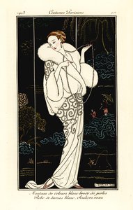 Kobieta w aksamitnej pelerynie, adamaszkowej sukience i różowych kapciach. autorstwa Georges Barbier