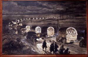 Pierwsza Wojna Światowa (1914-1918): Akwarela „Święta droga Verdun” Georgesa Bertina Scotta (1873-1942) dit Scott de Plagnolles. Marzec 1916. Słońce 0,7x1,1 m Paryż, musee de l
