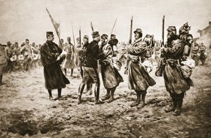 Uhonorowanie dzielnych na linii ognia: francuski generał oddający odznaczenie mężczyznom odznaczonym wojskowym medalem, z „Ilustrowanych wiadomości wojennych” autorstwa Georges Bertin Scott