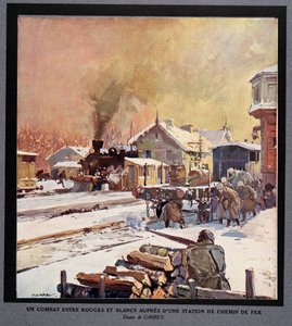 Walka między Czerwoną i Białą Gwardią na stacji kolejowej, z Histoire des Soviets, pub. 1922 (kolorowa litografia)