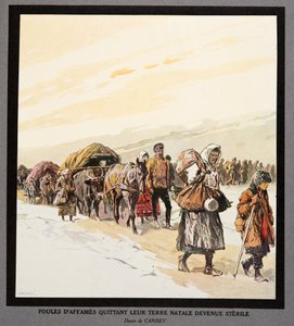 Exodus głodnych ludzi z ich ojczyzny, z Histoire des Soviets, pub. 1922 (kolorowa litografia)