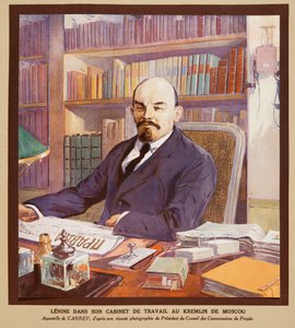 Lenin w swoim biurze na Kremlu w Moskwie, z Histoire des Soviets, wyd. 1922 (kolorowa litografia)