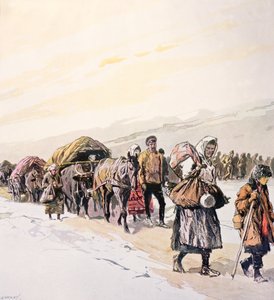 Głodujące tłumy opuszczające ojczyznę, ok. 1924 (kolorowa litografia)