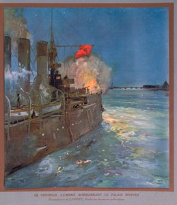 Krążownik Aurora bombardujący Pałac Zimowy, ok. 1923-24 (kolorowa litografia)