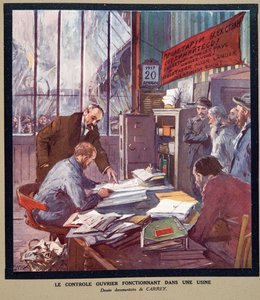 Kontrola robotnicza działająca w sowieckiej fabryce w czasie rewolucji w 1917 r., z Histoire des Soviets, pub. 1922 (kolorowa litografia)
