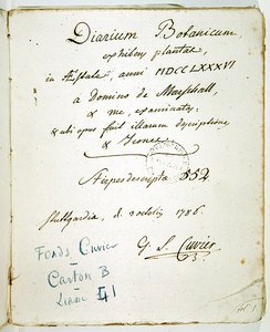 Strona tytułowa „Diarium Botanicum” z podpisem Cuvier autorstwa Georges Cuvier