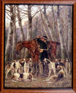 Ładowanie na konia jelenia zabitego podczas polowania na konia - rysunek Georgesa La Roque, ok. 1900 autorstwa Georges La Roque